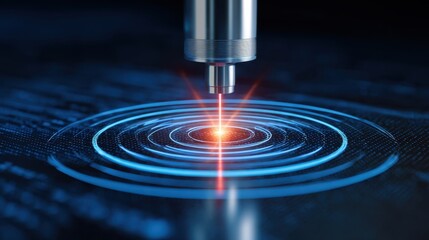 Precise red laser beam hitting digital target on circuit board, focused, futuristic concept. Concentric blue rings show impact, representing innovation in technology and manufacturing