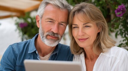 Happy mature retired couple portrait looking at camera. content senior man and woman together on an outdoor patio with digital tablet, enjoying their leisure time