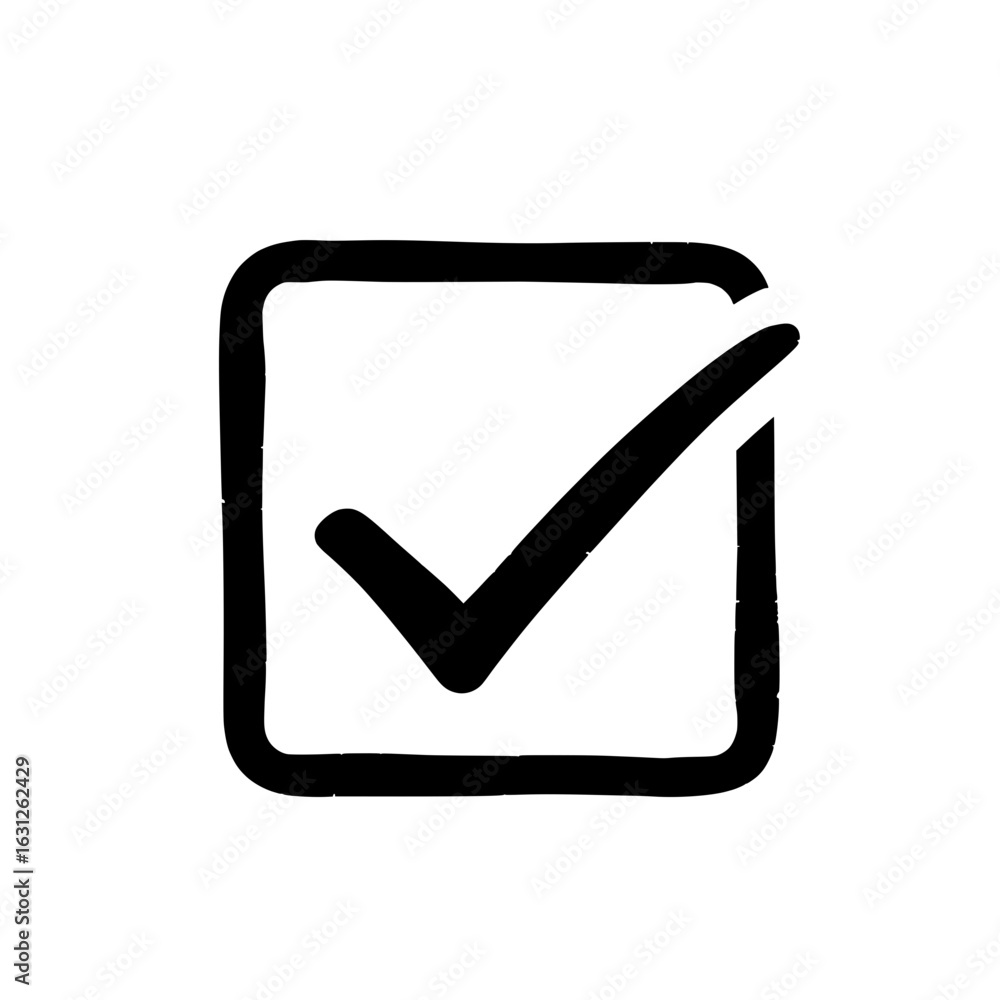 Poster checkmark symbol: a stark black and white depiction of a checkmark contained within a square, repres