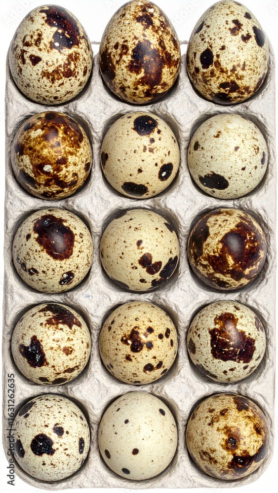 Poster overhead close up of quail eggs in a cardboard container showing the brown speckled shells