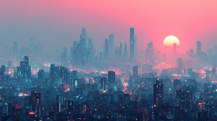 Futuristic cityscape at sunrise, vibrant colours