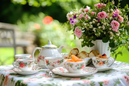 Beautifully Arranged Garden Setting for an Elegant Tea Party with Cups