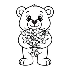 Naklejka premium Line art of bear holding a bouquet of flowers cartoon vector