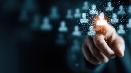 A hand points to a highlighted person icon, surrounded by smaller icons