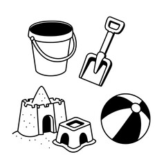 Beach Fun Essentials: A simple line drawing captures the essence of beachside bliss, featuring a bucket, spade, sandcastle, sand mold and beach ball, inviting viewers to imagine the sun, sand.