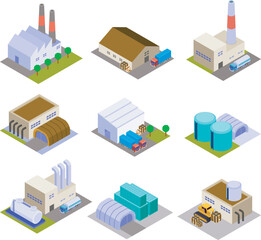 Fototapeta premium Factory Isometric Icons – Industrial Buildings and Warehouse Vector Set