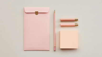 Minimalist flat lay of pink stationery and writing tools