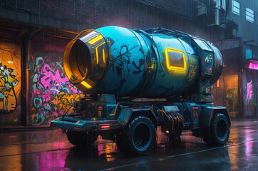 Futuristic Neon-Lit Truck in Rainy Urban Setting. Generative AI.