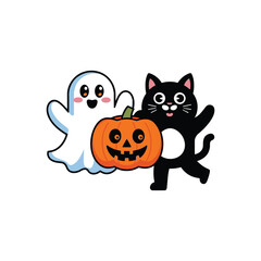 Cute Halloween Cartoon with Ghost, Black Cat and Pumpkin Jack-o'-Lantern Illustration on White Background


