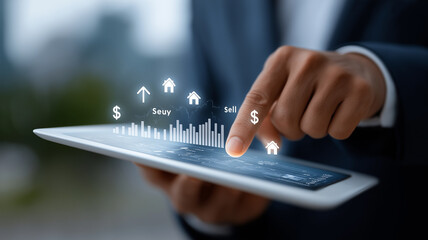 Futuristic Holographic Tablet with Real Estate Investment Graphs, Upward Arrows, and Housing Market Data Overlays in Digital Business Environment, real estate analytics, property market trends, digita