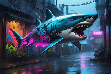 Neon Graffiti Shark in Rainy Alley Vector Illustration. Generative AI.