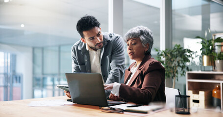 Business feedback, people and meeting with laptop for finance management, advice or guidance. Financial advisor, manager and teamwork with tablet in office for budget report tips or investment review