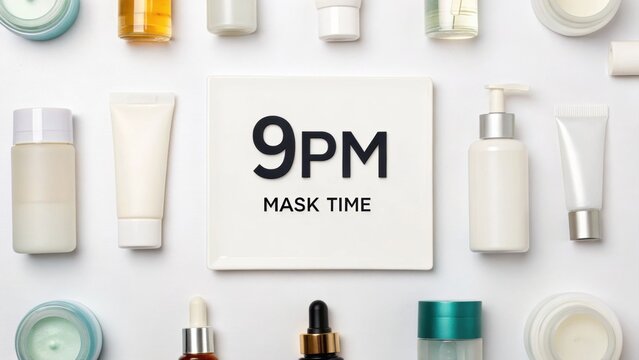 sheet mask skincare Flat lay of skincare products with a text card indicating "9PM Mask Time.