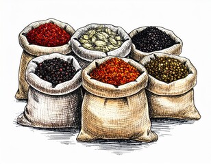 Sacks Filled with Aromatic Spices and Herbs in Burlap on White Background