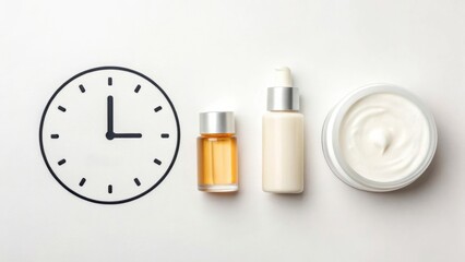 sheet mask skincare Skincare products arranged with a clock, symbolizing time for beauty routines.