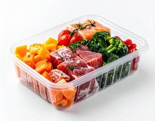 Overhead Shot of Freshly Prepared Meal Ingredients in a Clear Plastic Container on White Background