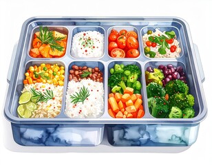 Overhead View of Meal Tray with Variety of Nutritious Food Including Rice Vegetables and Fruits