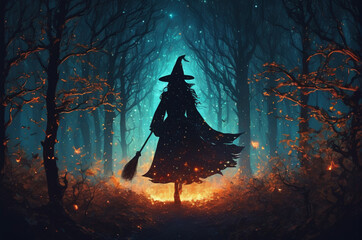 Witch in the dark forest with a broomstick. Halloween background. generative, AI