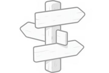 Weathered wooden signpost displaying empty directional arrows against transparent backdrop, representing navigational choices and travel uncertainty