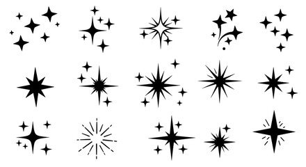 Shining Star Collection: A collection of black and white star icons of varying designs, perfect for adding a touch of magic and sparkle.