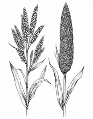 Two Grain Millet Plants with Leaves Isolated on White Background Illustration