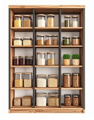 Wooden Shelf Filled with Assorted Glass Jars Containing Grains Nuts and Seeds in an Organized Pantry