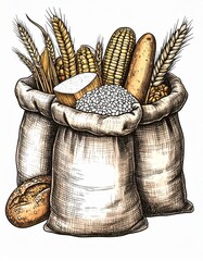 Sacks Filled with Grains Wheat Corn and Bread Hand Drawn Illustration