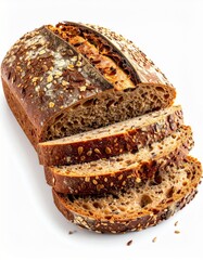Close Up of Sliced Whole Wheat Bread Loaf with Seeds on White Background