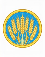 Golden Wheat Stalks in a Blue Circle Emblem Symbolic of Agriculture and Harvest