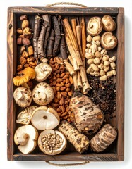 Wooden Tray Full of Varied Uncooked Mushrooms Roots and Seeds in a Still Life Setting