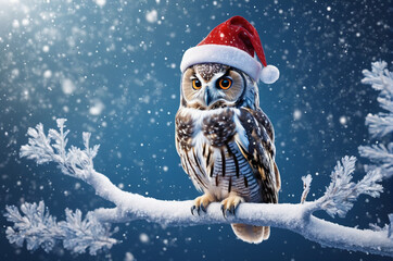 Christmas owl sitting on a branch with snowflakes. Christmas card, generative, AI