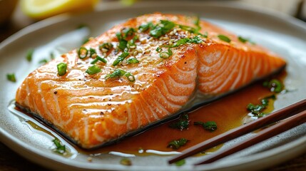 Pan-seared salmon fillet with teriyaki glaze