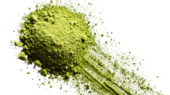 Green powder isolated on a white background, perfect for culinary visuals and health-related content.