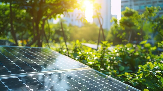 Close up of solar panels with green foliage and a building in the background on a sunny day