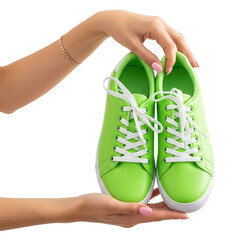 hands holding a pair of sneakers on Isolated transparent background png. generated with AI