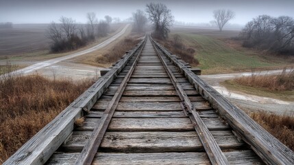 Obraz premium Wooden railway bridge through a misty countryside.