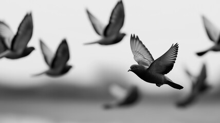 Obraz premium Black Bird Silhouettes in Flight Forming V-Shapes and Organic Swirling Formations on Isolated White Backdrop, bird silhouettes, flock flying formation, pigeon migration flight, black and white wildlif
