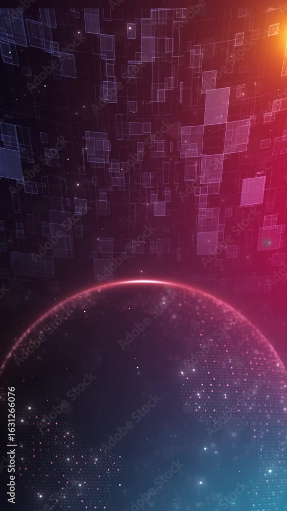 Aufkleber futuristic world edge rises raining digital sphere particles forming space animation for virtual net