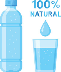  Natural Water Bottle with Glass, Clean Drinking Water Vector Illustration on White Background