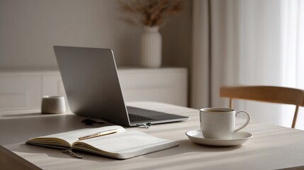 A minimalist modern workspace with a MacBook, notebook, and coffee cup on a neat desk. Soft natural light and neutral tones create an efficient layout perfect for remote work or study.