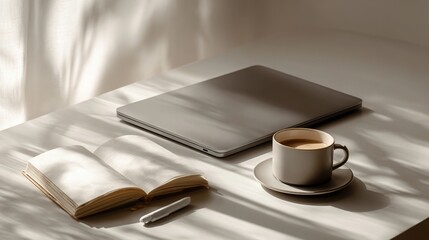 A minimalist modern workspace with a MacBook, notebook, and coffee cup on a neat desk. Soft natural light and neutral tones create an efficient layout perfect for remote work or study.