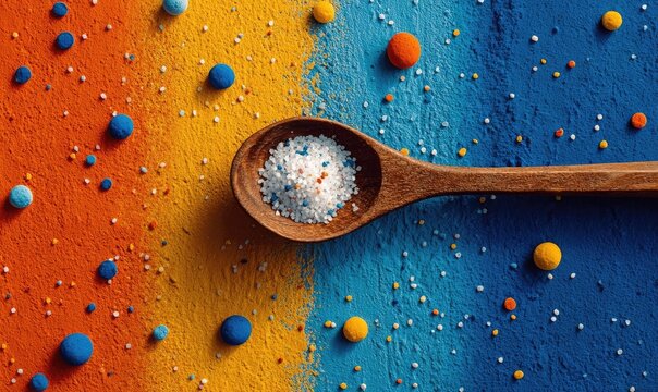 Wooden spoon holding white powder on a vibrant orange and blue background, dotted with colorful beads