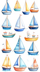 Collection of sixteen watercolor-style sailboat illustrations, varying in color and design