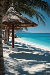 Tropical beach with thatched umbrellas