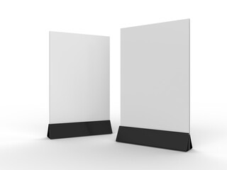 3D Realistic table stand, table tent mockup with plastic base and white paper acrylic. Blank card holder display information for menu label, restaurant, cafe, banner, picture stand, sign holder, ads