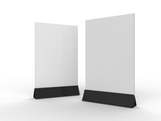 3D Realistic table stand, table tent mockup with plastic base and white paper acrylic. Blank card holder display information for menu label, restaurant, cafe, banner, picture stand, sign holder, ads