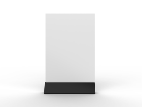 3D Realistic table stand, table tent mockup with plastic base and white paper acrylic. Blank card holder display information for menu label, restaurant, cafe, banner, picture stand, sign holder, ads