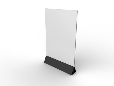 3D Realistic table stand, table tent mockup with plastic base and white paper acrylic. Blank card holder display information for menu label, restaurant, cafe, banner, picture stand, sign holder, ads