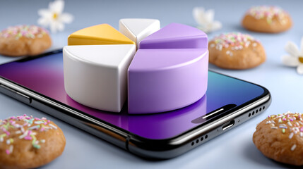 Pie Chart on Phone Screen with Donut and Flower Still Life