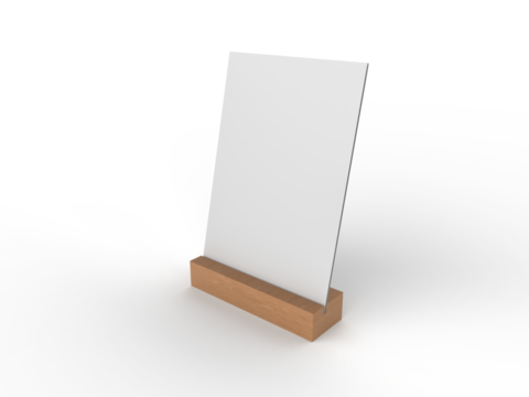 3D Realistic table stand, table tent mockup with metal base and white paper acrylic. Blank card holder display information for menu label, restaurant, cafe, banner, picture stand, sign holder, ads